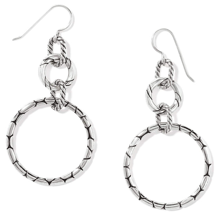 Brighton drop earrings with silver-plated linked circles featuring textured and rope detailing on a white background