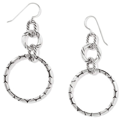 Brighton drop earrings with silver-plated linked circles featuring textured and rope detailing on a white background