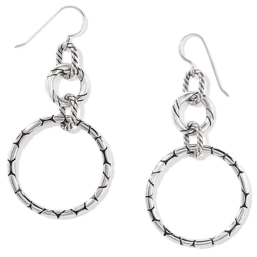 Brighton drop earrings with silver-plated linked circles featuring textured and rope detailing on a white background