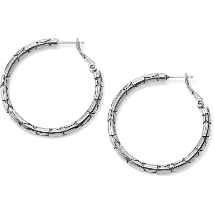Brighton hoop earrings with silver-plated finish and textured scale pattern along the bands on a white background