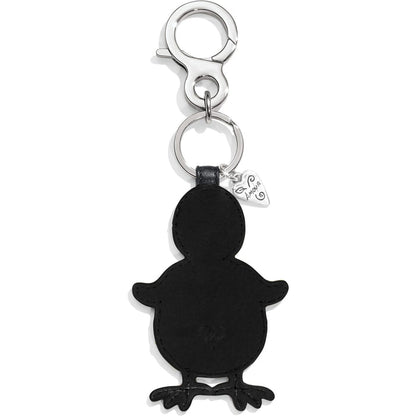 Brighton chick-shaped keychain in black leather with silver-tone clasp and small heart charm on a white background