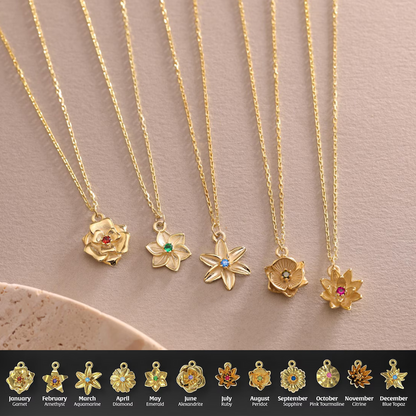 Personalized Custom Birth Flower Necklace With Birthstone, Gift For Her