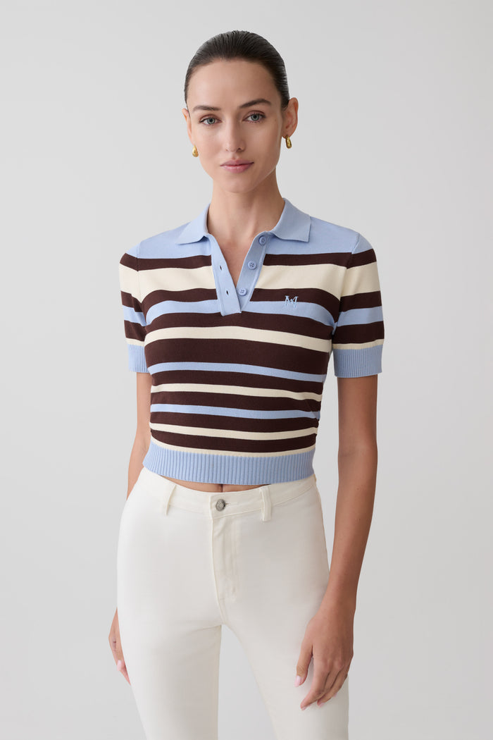 Philly Stripe Knit Button Up Top - Chocolate/Blue