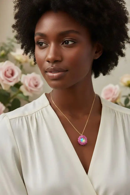 Model wearing a Pink Beaded Super Sparkly Rivoli Crystal Necklace, showcasing its stunning sparkle and elegant design.