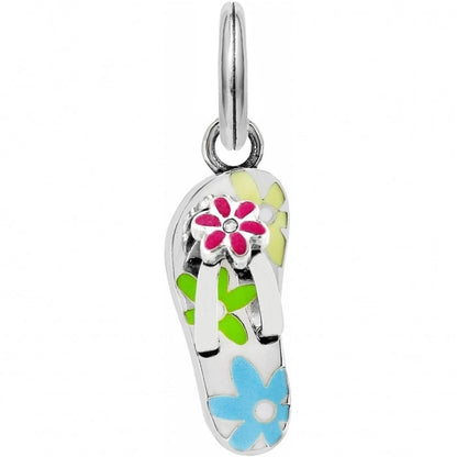 Brighton flip-flop charm with silver-plated finish and colorful enamel flowers in pink, yellow, green, and blue on a white background