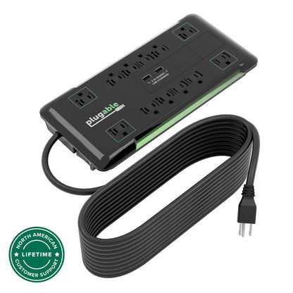 Plugable PS12-USB25 surge protector with 12 AC outlets, 2.1A shared USB charging ports, and 25-foot power cable.