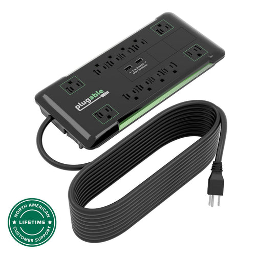 Plugable PS12-USB25 surge protector with 12 AC outlets, 2.1A shared USB charging ports, and 25-foot power cable.