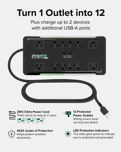 PS12-USB25: 12 AC outlets, 2.1A shared USB-A charging, 25ft cord, 4320 Joules protection, LED status indicators.