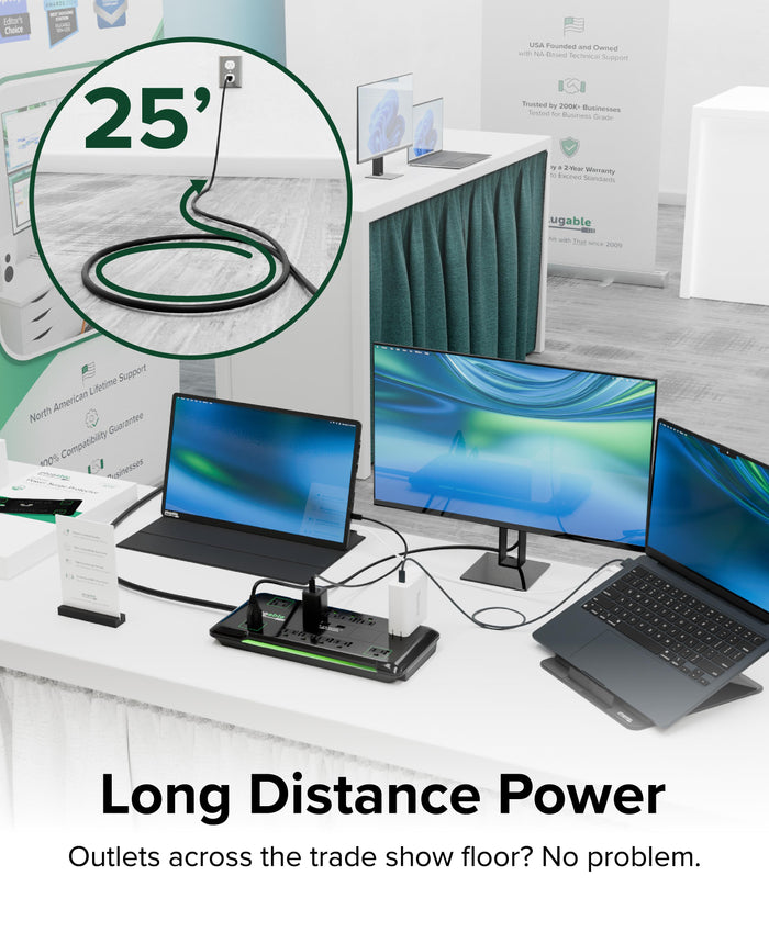 Plugable PS12-USB25 surge protector power strip featuring a 25-foot extension cable for long-distance power reach.