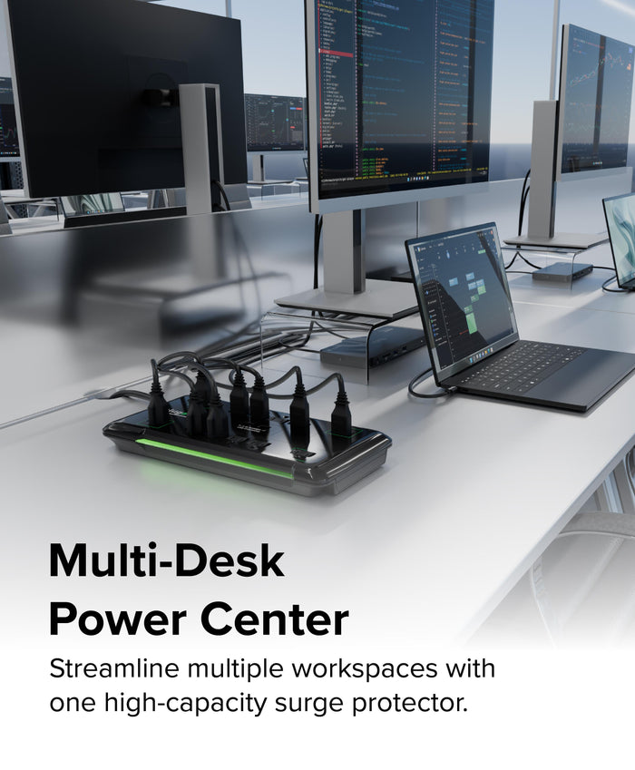 PS12-USB25 surge protector with 12 AC outlets and 10.5W 2-port USB charger, featuring a 25-foot extension cable.