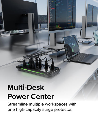 PS12-USB25 surge protector with 12 AC outlets and 10.5W 2-port USB charger, featuring a 25-foot extension cable.