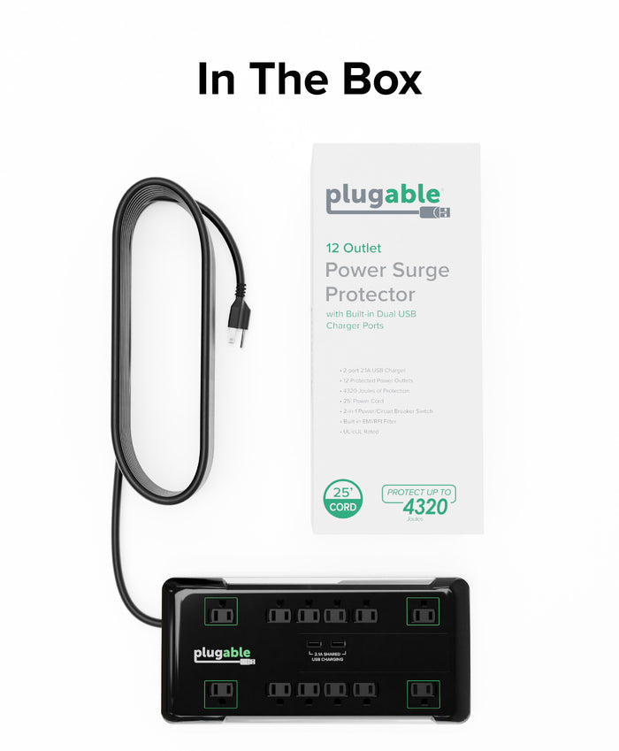 Plugable PS12-USB25: 12-outlet surge protector, 25' cord, 4320 Joules, 2-port 2.1A USB charger, EMI/RFI filter, UL/cUL.