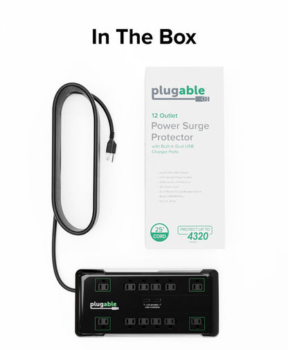 Plugable PS12-USB25: 12-outlet surge protector, 25' cord, 4320 Joules, 2-port 2.1A USB charger, EMI/RFI filter, UL/cUL.