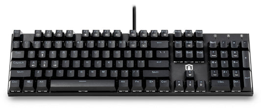 Plugable Performance 104-key mechanical keyboard with QWERTY layout, function keys, and integrated number pad.