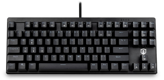 Plugable USB-MECH87BW TKL mechanical keyboard with 87 keys, white LED indicators, and wired USB connection.