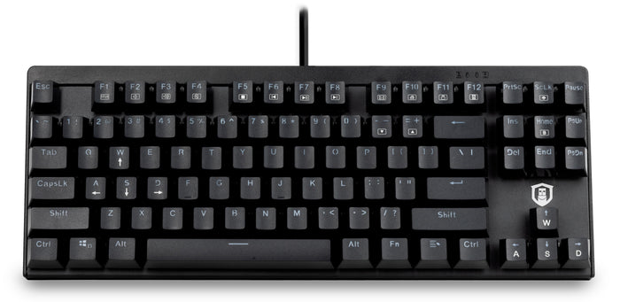 Plugable USB-MECH87RW tenkeyless mechanical gaming keyboard with 87 keys and media function keys.