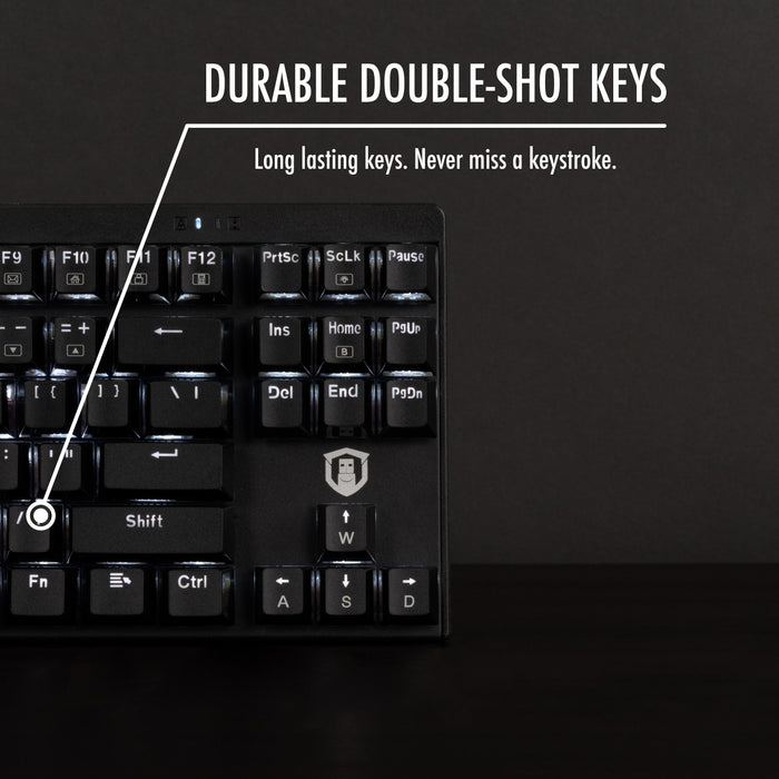USB-MECH87RW keyboard detail showing durable double-shot keycaps with a callout to the forward slash key.