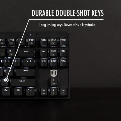 USB-MECH87RW keyboard detail showing durable double-shot keycaps with a callout to the forward slash key.