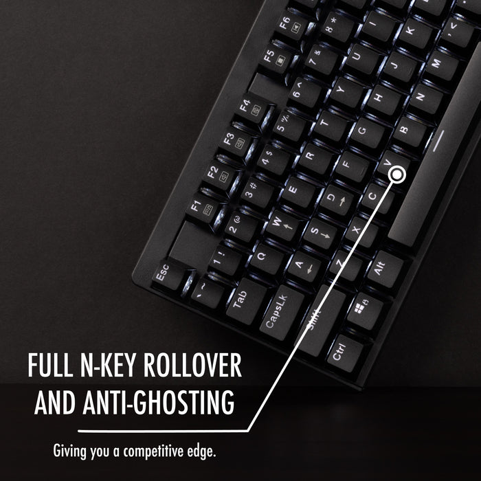 Plugable USB-MECH87RW mechanical keyboard feature highlight: full N-key rollover and anti-ghosting support.