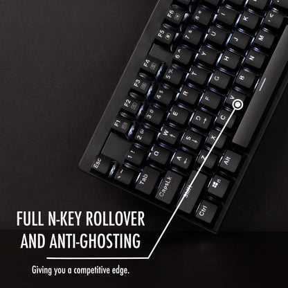 Plugable USB-MECH87RW mechanical keyboard feature highlight: full N-key rollover and anti-ghosting support.
