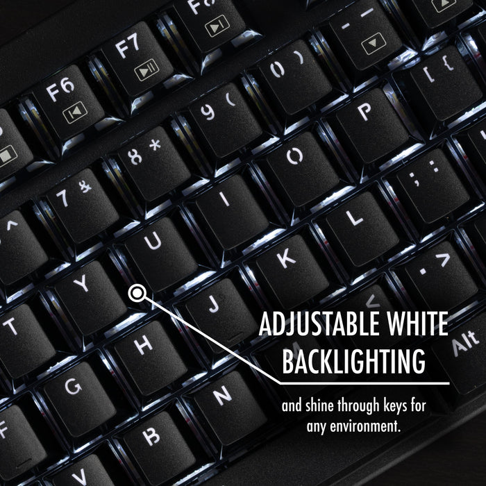 USB-MECH87RW mechanical keyboard features adjustable white backlighting and shine-through keys.