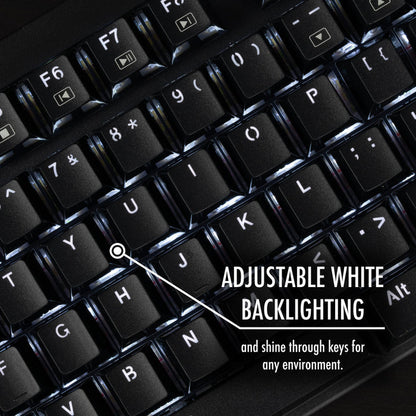 USB-MECH87RW mechanical keyboard features adjustable white backlighting and shine-through keys.