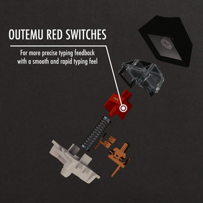 Exploded view of Outemu Red mechanical switch components for precise, smooth, and rapid typing feedback.