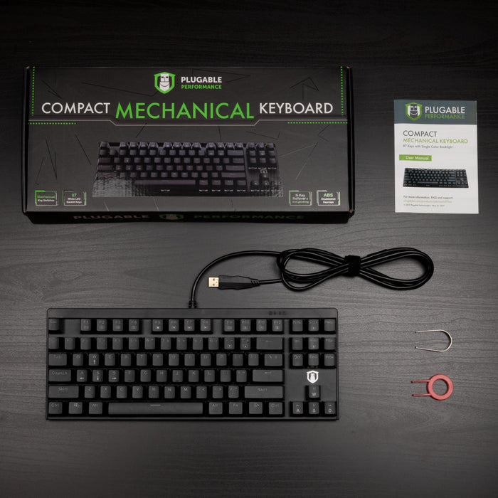 Plugable USB-MECH87RW keyboard with 87 mechanical keys, white LED backlight, N-Key rollover, and ABS doubleshot keycaps.
