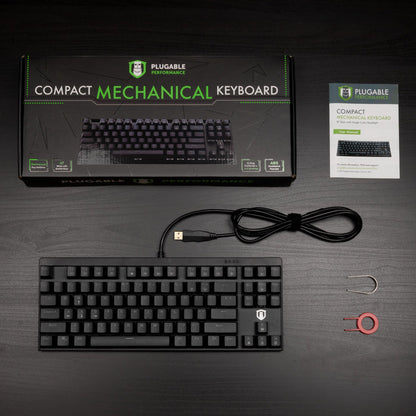 Plugable USB-MECH87RW keyboard with 87 mechanical keys, white LED backlight, N-Key rollover, and ABS doubleshot keycaps.
