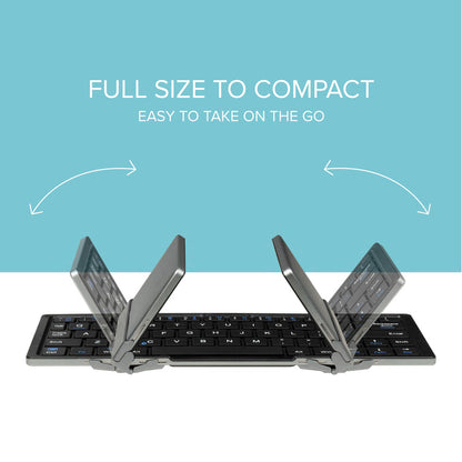 BT-KEY3 foldable Bluetooth keyboard shown in a partially folded state, demonstrating its compact design.