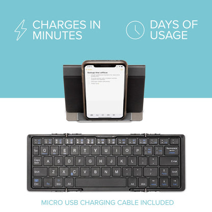 BT-KEY3 foldable keyboard with phone stand, featuring fast charging, long battery life, and included micro USB cable.