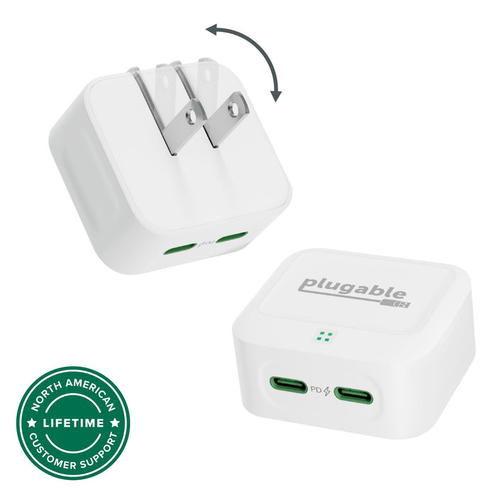 Plugable PS-40C2W dual USB-C wall charger with foldable prongs and two PD ports.