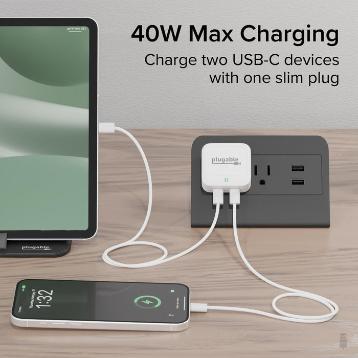 Plugable PS-40C2W dual USB-C wall charger providing 40W max power to charge two devices simultaneously.