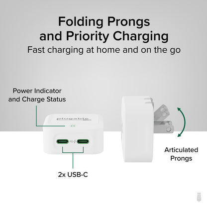 PS-40C2W features two USB-C ports, power indicator light, and articulated folding prongs for portable charging.