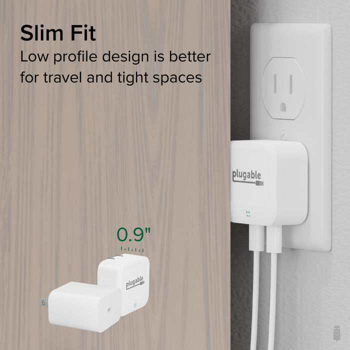 Plugable PS-40C2W dual USB-C wall charger with 0.9-inch low-profile design for tight spaces.