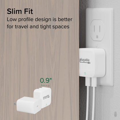 Plugable PS-40C2W dual USB-C wall charger with 0.9-inch low-profile design for tight spaces.