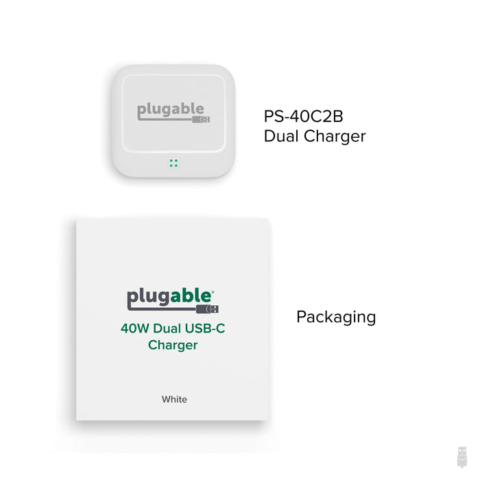 Plugable PS-40C2B 40W Dual USB-C Charger and its white packaging.