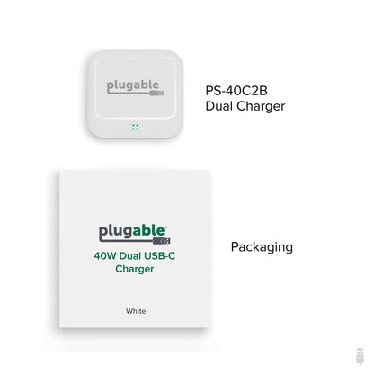 Plugable PS-40C2B 40W Dual USB-C Charger and its white packaging.