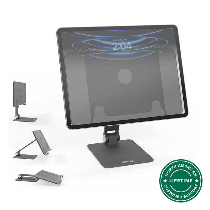 Plugable AMS-STAND13 magnetic iPad stand shown in multiple positions with North American lifetime customer support badge.