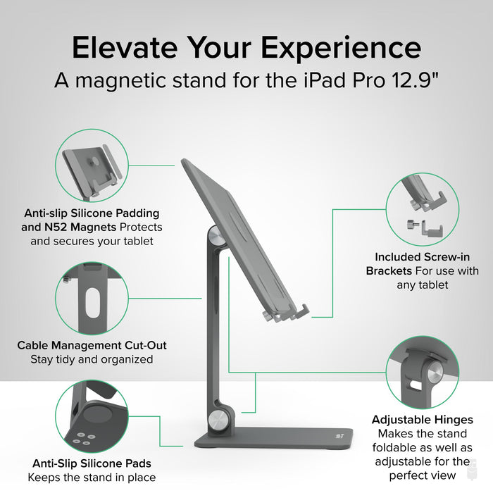 AMS-STAND13 features: N52 magnets, anti-slip silicone pads, cable management cut-out, screw-in brackets, adjustable hinges.