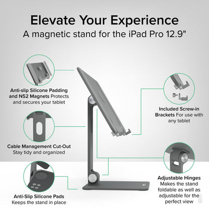 AMS-STAND13 features: N52 magnets, anti-slip silicone pads, cable management cut-out, screw-in brackets, adjustable hinges.