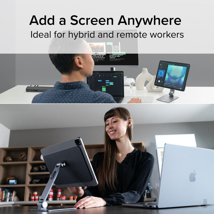 AMS-STAND13 magnetic iPad stand shown in use as a secondary display mount for hybrid and remote work setups.