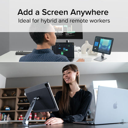 AMS-STAND13 magnetic iPad stand shown in use as a secondary display mount for hybrid and remote work setups.