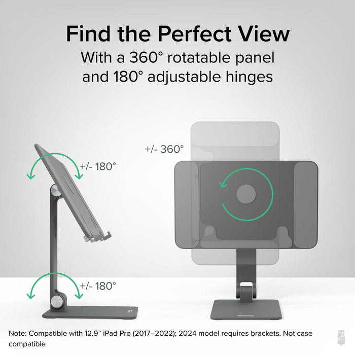 AMS-STAND13 features 360-degree panel rotation and 180-degree hinge adjustment. Compatible with 12.9-inch iPad Pro 2017-2022.