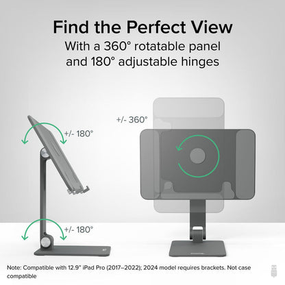 AMS-STAND13 features 360-degree panel rotation and 180-degree hinge adjustment. Compatible with 12.9-inch iPad Pro 2017-2022.