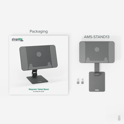AMS-STAND13 packaging and magnetic tablet stand for iPad Pro 12.9 inch, showing stand components and base.