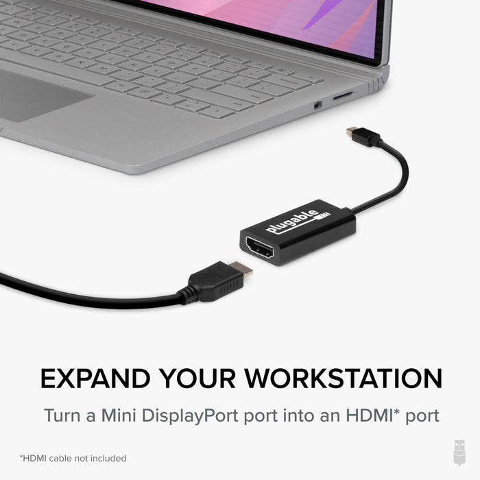 Plugable MDP-HDMI adapter connecting a Mini DisplayPort to an HDMI port. HDMI cable not included.