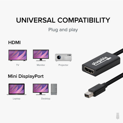 MDP-HDMI adapter compatibility: HDMI output to TV, monitor, projector; Mini DisplayPort input from laptop, desktop.