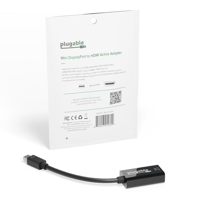 MDP-HDMI adapter: 3840x2160 at 60Hz, 1080p at 120Hz, 4K60 HDR, 594MHz TDMS, 6in/15cm cable, VESA DP 1.2, HBR2, Thunderbolt.