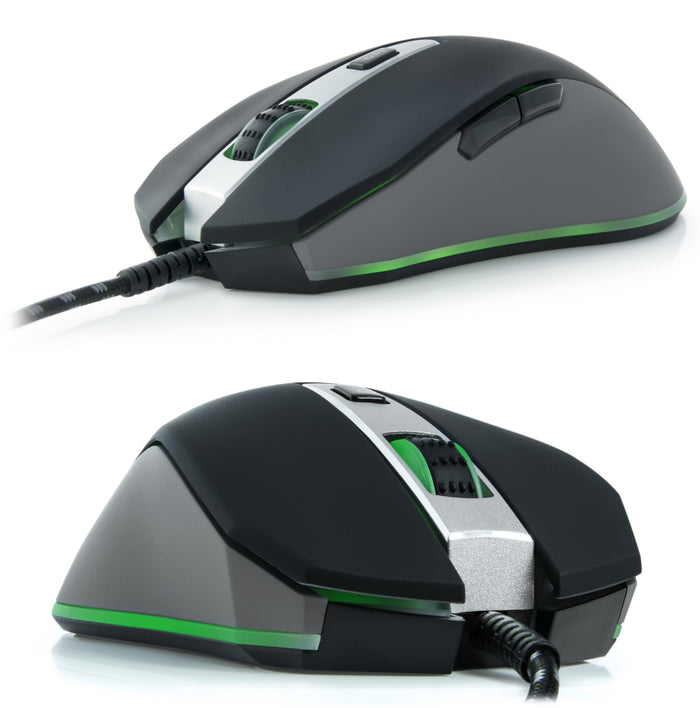 Plugable USB-PM3360 gaming mouse with DPI adjustment button, scroll wheel, side buttons, and 6-foot braided USB cable.